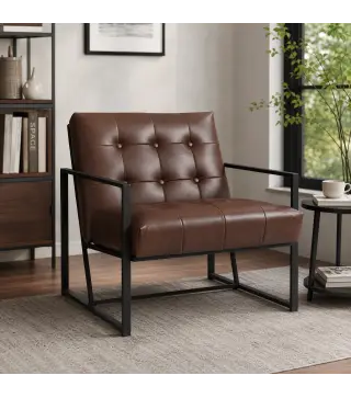 Sillón de Salón Moderna Butaca de Salón Tapizado en PU Asiento Amplio Marco de Metal para Dormitorio Salón Marrón