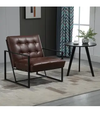 Sillón de Salón Moderna Butaca de Salón Tapizado en PU Asiento Amplio Marco de Metal para Dormitorio Salón Marrón