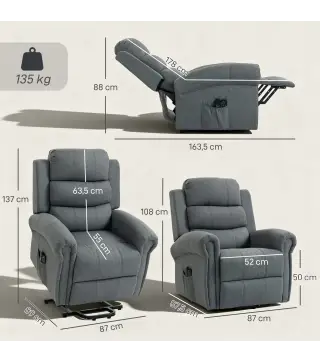 Sillón Relax Reclinable Eléctrico Levanta Personas con Masaje Vibratorio y Calor Control Remoto Gris