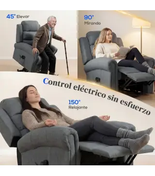 Sillón Relax Reclinable Eléctrico Levanta Personas con Masaje Vibratorio y Calor Control Remoto Gris
