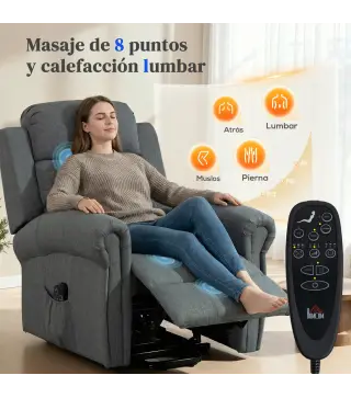 Sillón Relax Reclinable Eléctrico Levanta Personas con Masaje Vibratorio y Calor Control Remoto Gris
