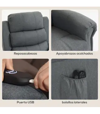 Sillón Relax Reclinable Eléctrico Levanta Personas con Masaje Vibratorio y Calor Control Remoto Gris
