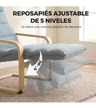 Butaca de Salón con Reposapiés Ajustable Tapizada en Terciopelo con Marco de Madera 67x93x105 cm Azul Claro