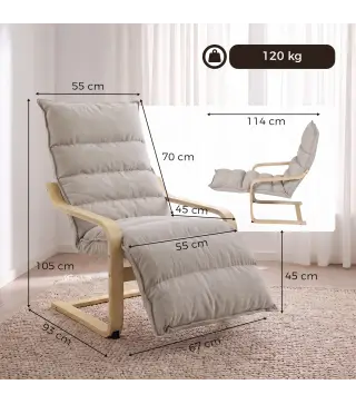 Butaca de Salón con Reposapiés Ajustable Tapizada en Terciopelo con Marco de Madera 67x93x105 cm Marrón Claro