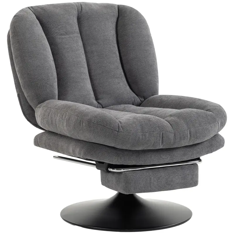 Sillón de Salón con Reposapiés Ajustable y Giratorio 360° de Lino Respaldo Forma Abanico Acolchado Grueso Gris Oscuro