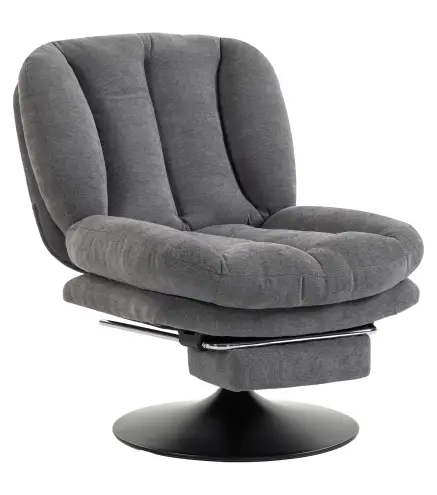 Sillón de Salón con Reposapiés Ajustable y Giratorio 360° de Lino Respaldo Forma Abanico Acolchado Grueso Gris Oscuro