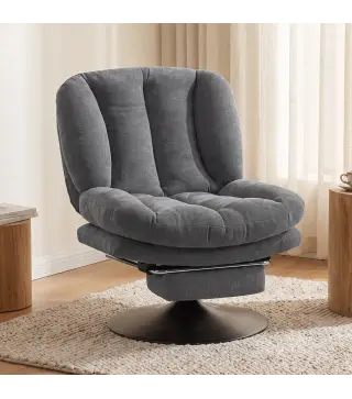 Sillón de Salón con Reposapiés Ajustable y Giratorio 360° de Lino Respaldo Forma Abanico Acolchado Grueso Gris Oscuro