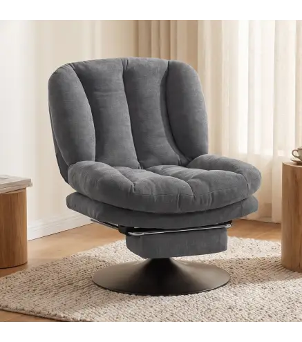 Sillón de Salón con Reposapiés Ajustable y Giratorio 360° de Lino Respaldo Forma Abanico Acolchado Grueso Gris Oscuro
