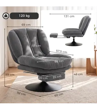 Sillón de Salón con Reposapiés Ajustable y Giratorio 360° de Lino Respaldo Forma Abanico Acolchado Grueso Gris Oscuro