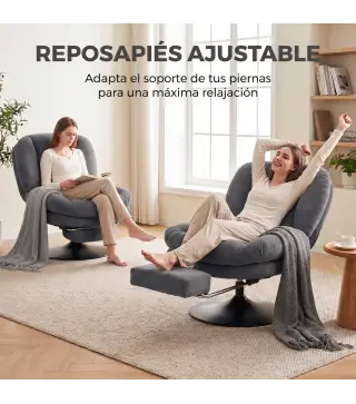 Sillón de Salón con Reposapiés Ajustable y Giratorio 360° de Lino Respaldo Forma Abanico Acolchado Grueso Gris Oscuro
