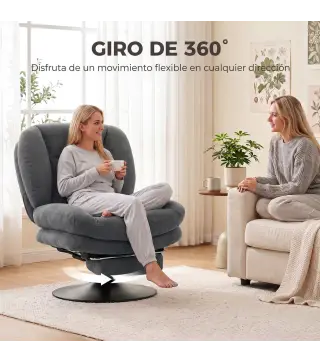 Sillón de Salón con Reposapiés Ajustable y Giratorio 360° de Lino Respaldo Forma Abanico Acolchado Grueso Gris Oscuro