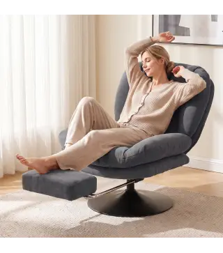 Sillón de Salón con Reposapiés Ajustable y Giratorio 360° de Lino Respaldo Forma Abanico Acolchado Grueso Gris Oscuro