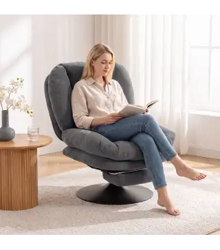 Sillón de Salón con Reposapiés Ajustable y Giratorio 360° de Lino Respaldo Forma Abanico Acolchado Grueso Gris Oscuro