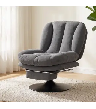 Sillón de Salón con Reposapiés Ajustable y Giratorio 360° de Lino Respaldo Forma Abanico Acolchado Grueso Gris Oscuro