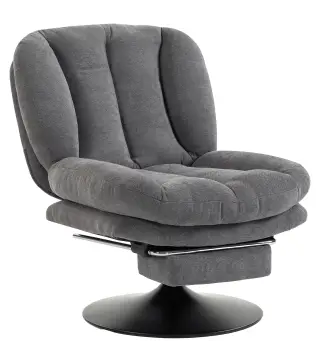 Sillón de Salón con Reposapiés Ajustable y Giratorio 360° de Lino Respaldo Forma Abanico Acolchado Grueso Gris Oscuro