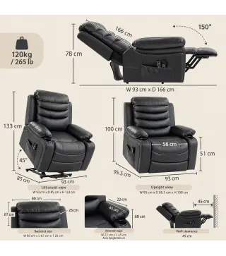 Sillón Relax Reclinable Eléctrico Levanta Personas con Masaje Vibratorio y Calor Puerto USB Control Remoto Negro