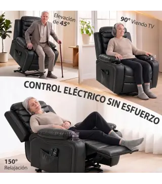 Sillón Relax Reclinable Eléctrico Levanta Personas con Masaje Vibratorio y Calor Puerto USB Control Remoto Negro
