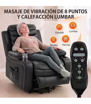 Sillón Relax Reclinable Eléctrico Levanta Personas con Masaje Vibratorio y Calor Puerto USB Control Remoto Negro