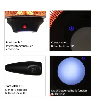 Calefactor Exterior 1000/2000W Estufa Colgante de Techo Infrarrojos Radiante Halógeno con Control Remoto Luz LED para Interior y