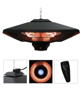 Calefactor Exterior 1000/2000W Estufa Colgante de Techo Infrarrojos Radiante Halógeno con Control Remoto Luz LED para Interior y