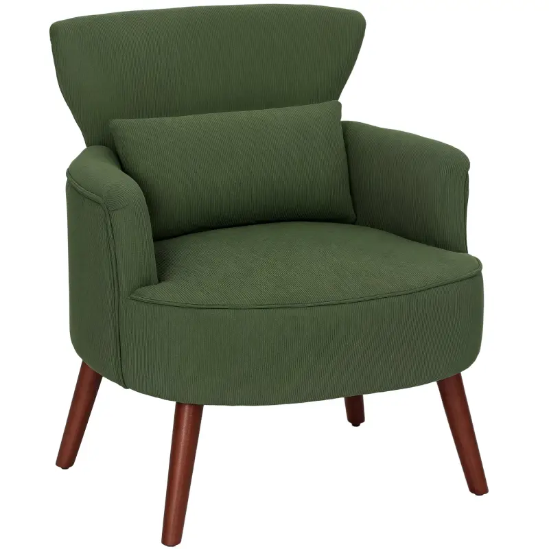 Sillón Relax Sofá Individual de Pana con Cojín Reposabrazos Patas de Madera para Dormitorio Oficina Verde