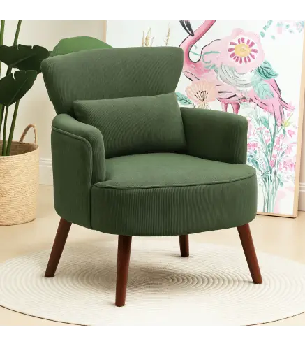 Sillón Relax Sofá Individual de Pana con Cojín Reposabrazos Patas de Madera para Dormitorio Oficina Verde