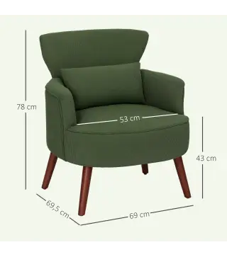 Sillón Relax Sofá Individual de Pana con Cojín Reposabrazos Patas de Madera para Dormitorio Oficina Verde