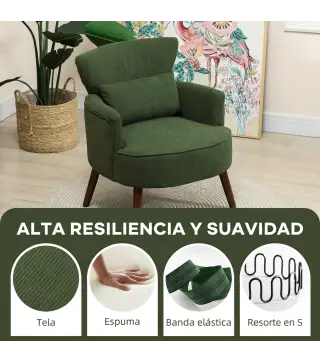 Sillón Relax Sofá Individual de Pana con Cojín Reposabrazos Patas de Madera para Dormitorio Oficina Verde