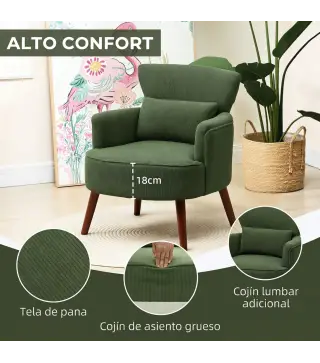 Sillón Relax Sofá Individual de Pana con Cojín Reposabrazos Patas de Madera para Dormitorio Oficina Verde