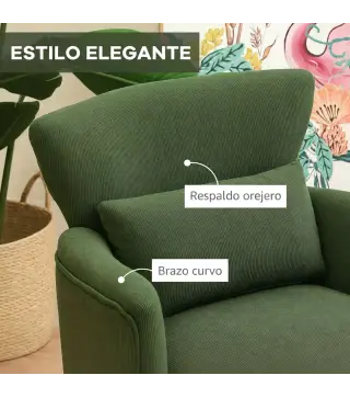 Sillón Relax Sofá Individual de Pana con Cojín Reposabrazos Patas de Madera para Dormitorio Oficina Verde