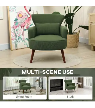 Sillón Relax Sofá Individual de Pana con Cojín Reposabrazos Patas de Madera para Dormitorio Oficina Verde