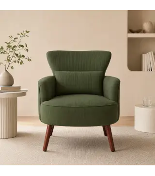 Sillón Relax Sofá Individual de Pana con Cojín Reposabrazos Patas de Madera para Dormitorio Oficina Verde