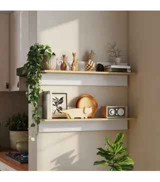 Set de 2 Estantes de Pared Flotantes de 80 cm para Sala de Estar Entrada Dormitorio Carga 3 kg Blanco y Natural