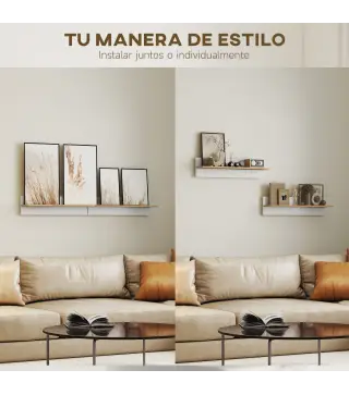 Set de 2 Estantes de Pared Flotantes de 80 cm para Sala de Estar Entrada Dormitorio Carga 3 kg Blanco y Natural