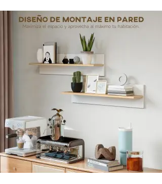 Set de 2 Estantes de Pared Flotantes de 80 cm para Sala de Estar Entrada Dormitorio Carga 3 kg Blanco y Natural