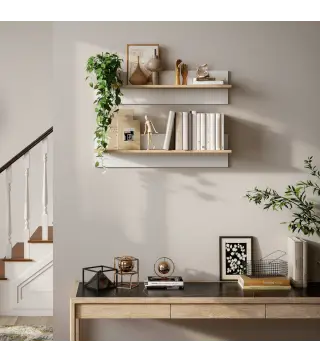 Set de 2 Estantes de Pared Flotantes de 80 cm para Sala de Estar Entrada Dormitorio Carga 3 kg Blanco y Natural