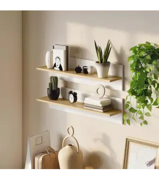 Set de 2 Estantes de Pared Flotantes de 80 cm para Sala de Estar Entrada Dormitorio Carga 3 kg Blanco y Natural