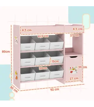 Organizador Infantil con Compartimentos 9 Cestas Extraíbles y Láminas de Pegatinas 92x30x80 cm Rosa