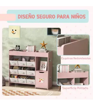 Organizador Infantil con Compartimentos 9 Cestas Extraíbles y Láminas de Pegatinas 92x30x80 cm Rosa