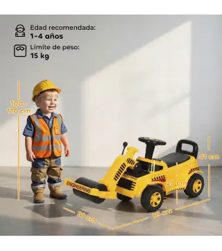 Tractor Correpasillos Juguete con Rodillo Delantero Elevable Apisonadora sin Pedales Claxon y Almacenaje Amarillo