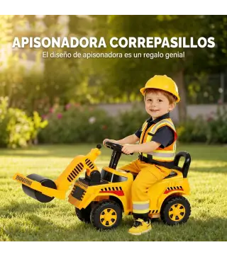 Tractor Correpasillos Juguete con Rodillo Delantero Elevable Apisonadora sin Pedales Claxon y Almacenaje Amarillo