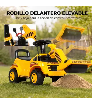 Tractor Correpasillos Juguete con Rodillo Delantero Elevable Apisonadora sin Pedales Claxon y Almacenaje Amarillo