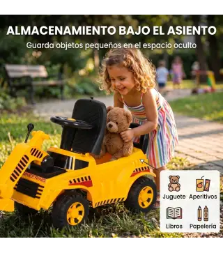 Tractor Correpasillos Juguete con Rodillo Delantero Elevable Apisonadora sin Pedales Claxon y Almacenaje Amarillo
