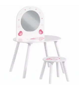 Tocador Infantil con Taburete y Espejo Tocador para Niñas con Dibujos de Corazones para Niños y Niñas de 3-6 Años Blanco