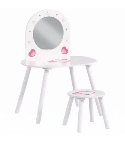 Tocador Infantil con Taburete y Espejo Tocador para Niñas con Dibujos de Corazones para Niños y Niñas de 3-6 Años Blanco