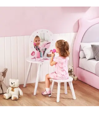 Tocador Infantil con Taburete y Espejo Tocador para Niñas con Dibujos de Corazones para Niños y Niñas de 3-6 Años Blanco
