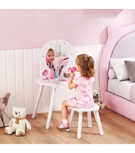 Tocador Infantil con Taburete y Espejo Tocador para Niñas con Dibujos de Corazones para Niños y Niñas de 3-6 Años Blanco