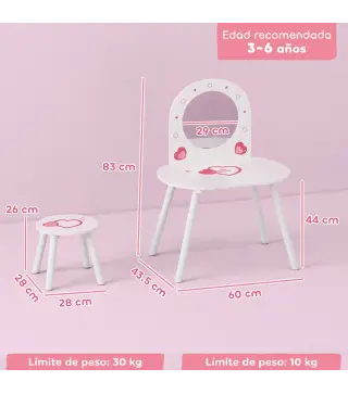 Tocador Infantil con Taburete y Espejo Tocador para Niñas con Dibujos de Corazones para Niños y Niñas de 3-6 Años Blanco
