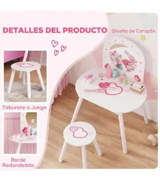Tocador Infantil con Taburete y Espejo Tocador para Niñas con Dibujos de Corazones para Niños y Niñas de 3-6 Años Blanco
