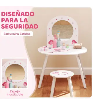 Tocador Infantil con Taburete y Espejo Tocador para Niñas con Dibujos de Corazones para Niños y Niñas de 3-6 Años Blanco